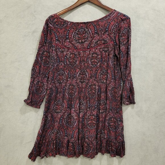 American Eagle Paisley‎ Dress Women's Small Pin Tuck Tassles Hippie Boho Peasant - Picture 2 of 5